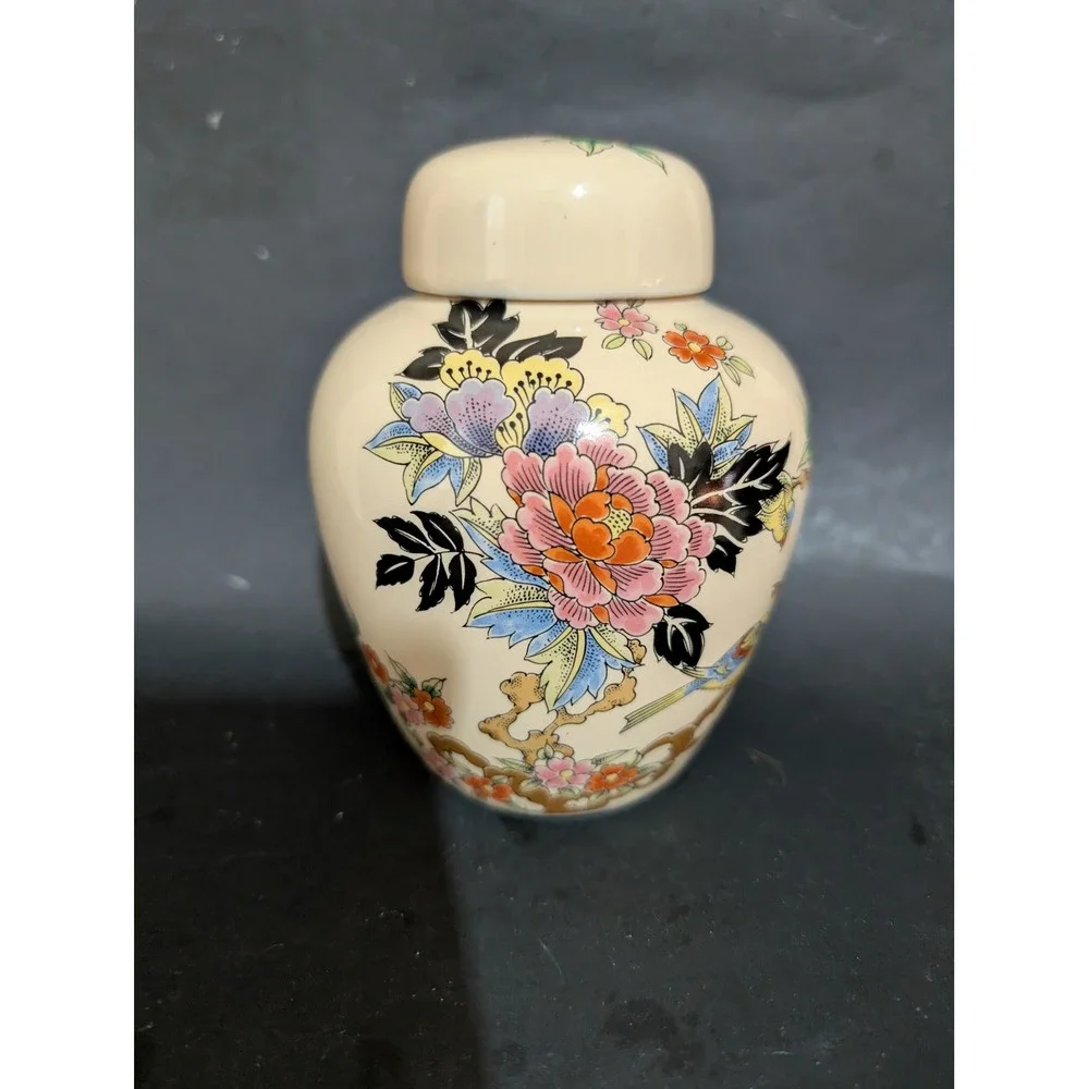 Shibata Japan Porcelain Ginger Jar Lidded Urn Floral Bird Cream Vintage 6 Inch